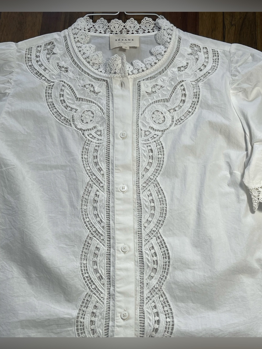 Sézane Eponine White Lace-Trim button down short sleeve blouse - Picture 4 of 13